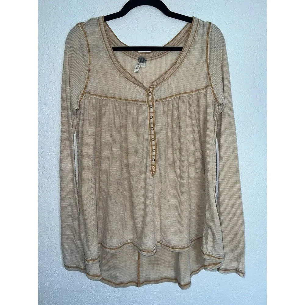 WE The Free Waffle Knit Long Sleeve Shirt Henley Oversized Free People X1 - Picture 1 of 6
